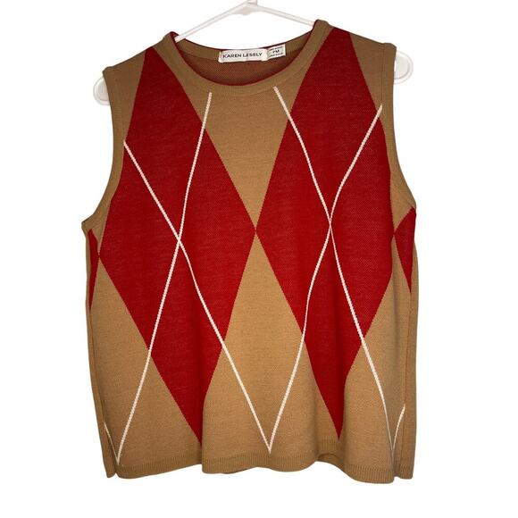 Vintage Karen Lessly Brown Red Acrylic Argyle Sweater Vest Women's Petite Medium - Picture 1 of 4